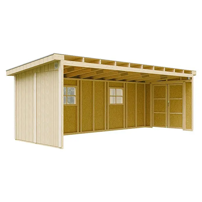 Timbela Gerätehaus M941B - Außenmaß inkl. Dachüberstand (B x T): 248 x 648 cm, Holz, Natur - Abbildung eines Holzschuppens mit Fenstern und Doppeltür, ideal für die Gartenaufbewahrung und Werkzeuglagerung. Solide Konstruktion für lange Lebensdauer.