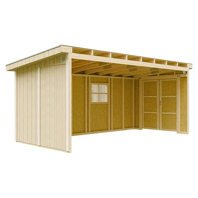 Timbela Gerätehaus M940B - Außenmaß inkl. Dachüberstand (B x T): 248 x 530 cm, Holz, Natur - Abbildung eines Holzschuppens mit Fenster und Türen, ideal für die Lagerung von Gartengeräten oder als Werkstatt.