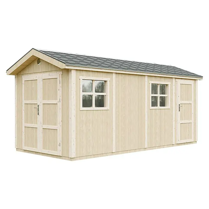 Timbela Gerätehaus M915C - Außenmaß inkl. Dachüberstand (B x T): 530 x 250 cm, Holz, Natur - Geräumiges Holzgartenhaus mit Doppeltür, Fenstern & Satteldach. Ideal für die Gartenaufbewahrung und als Hobbyraum geeignet.