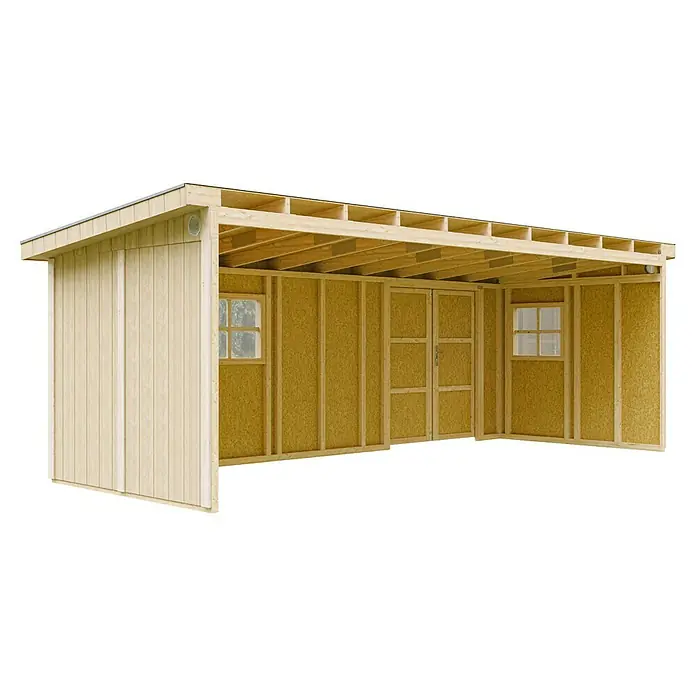 Timbela Gerätehaus M941B - Außenmaß inkl. Dachüberstand (B x T): 248 x 648 cm, Holz, Natur - Detailaufnahme eines Holzschuppens mit offenem Dach und Fenster, der seine robuste Bauweise und sein natürliches Aussehen betont.