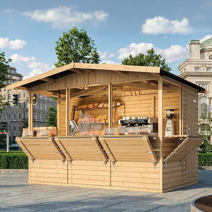 Timbela Marktstand M150B - Außenbreite inkl. Dachüberstand: 336 cm, Außentiefe inkl. Dachüberstand: 263 cm, Natur - Eine hölzerne Bäckereikabine mit Brot, Gebäck und einer Kaffeemaschine im Freien.