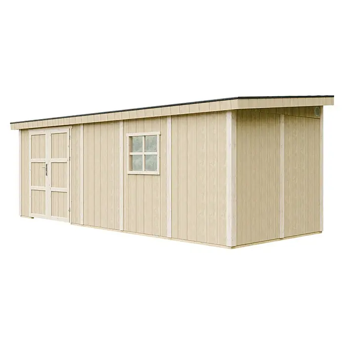 Timbela Gerätehaus M941B - Außenmaß inkl. Dachüberstand (B x T): 248 x 648 cm, Holz, Natur - Eine hellbeige Gartenlaube mit Doppeltür und Fenster, die sich ideal zur Aufbewahrung von Gartengeräten oder als Werkstatt eignet.