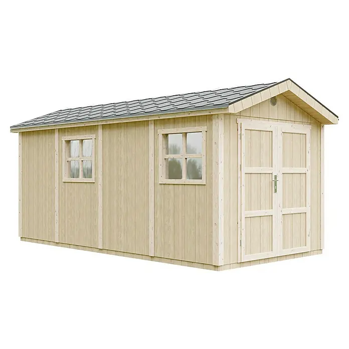 Timbela Gerätehaus M915C - Außenmaß inkl. Dachüberstand (B x T): 530 x 250 cm, Holz, Natur - Ein geräumiges Holzgartenhaus mit Doppeltür und zwei Fenstern bietet viel Stauraum und ein natürliches Aussehen für jeden Garten.