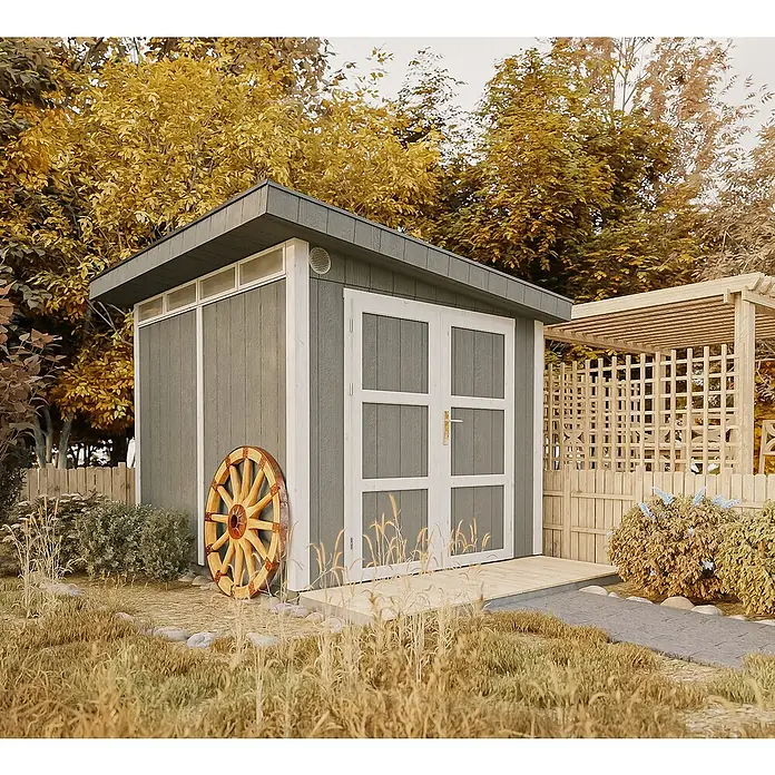 Timbela Gerätehaus M903A - Außenmaß inkl. Dachüberstand (B x T): 294 x 279 cm, Holz, Grau - Gartenschuppen aus Holz mit Doppeltür und einem dekorativen Wagenrad an der Seite, umgeben von herbstlicher Vegetation.