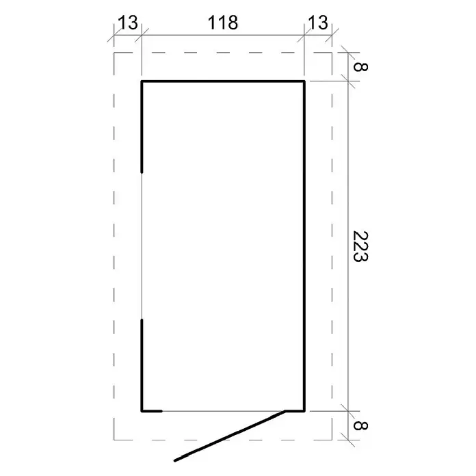 Timbela Gerätehaus M306 - Außenmaß inkl. Dachüberstand (B x T): 144 x 239 cm, Holz, Natur, Ohne Fußboden - Die Abbildung zeigt eine detaillierte technische Zeichnung eines architektonischen Grundrisses mit präzisen Maßangaben in Millimetern.