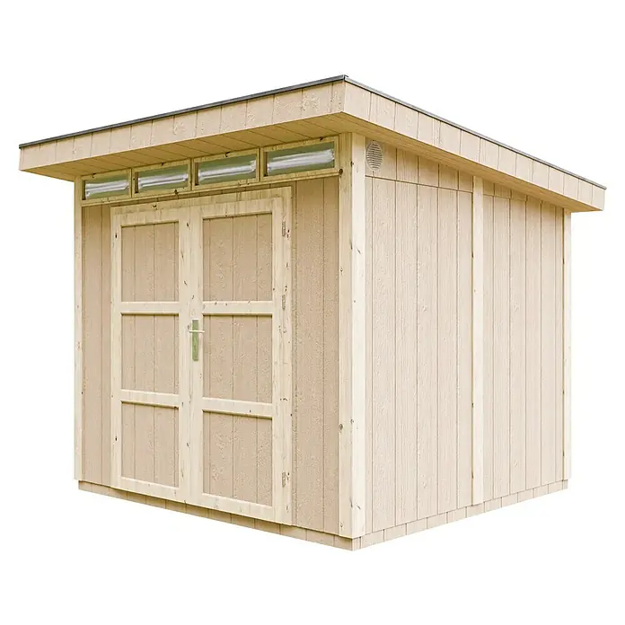 Timbela Gerätehaus M903A - Außenmaß inkl. Dachüberstand (B x T): 294 x 279 cm, Holz, Grau - Das Bild zeigt ein helles Holzgartenhaus mit Doppeltür und Oberlichtern. Das Gartenhaus hat ein schlichtes, modernes Design und bietet Stauraum für Gartengeräte.