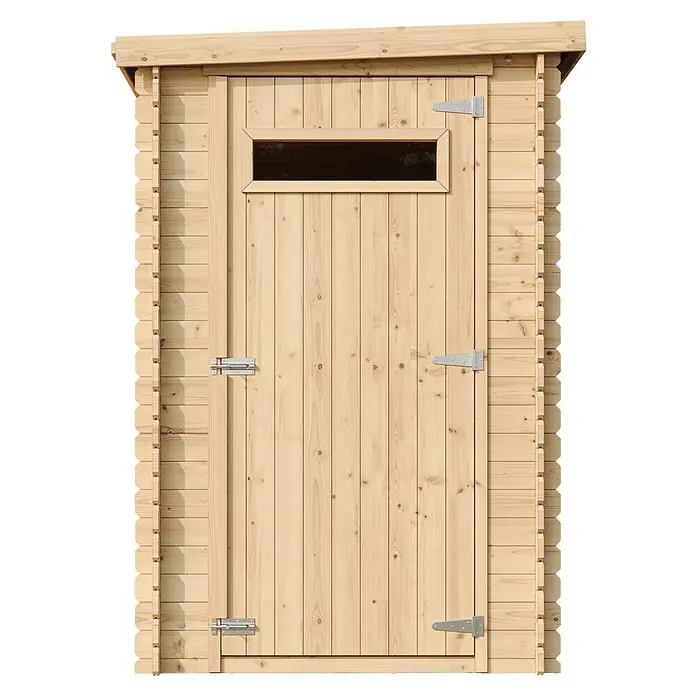 Timbela Gerätehaus M306A - Außenmaß inkl. Dachüberstand (B x T): 144 x 239 cm, Holz, Natur, Ohne Fußboden - Eine Holzhütte mit einer Tür und einem kleinen Fenster. Die Hütte ist aus hellen Holzplanken gefertigt und hat ein schlichtes Design.