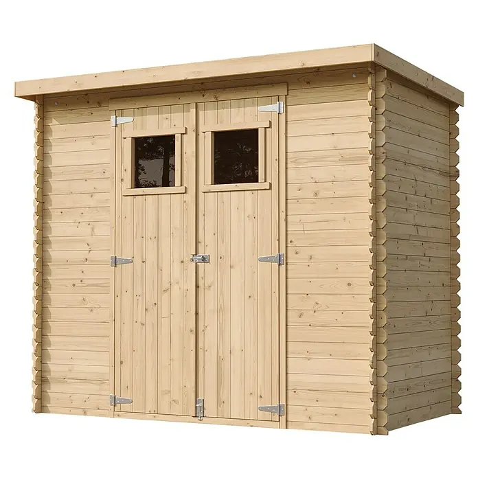 Timbela Gerätehaus M310 - Außenmaß inkl. Dachüberstand (B x T): 239 x 142 cm, Holz, Natur, Ohne Fußboden - Holzschuppen mit Doppeltüren und kleinen Fenstern. Ideal für die Aufbewahrung von Gartengeräten und Werkzeugen im Außenbereich.