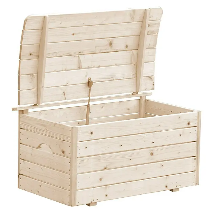 Timbela Aufbewahrungskiste -  - Offene Holztruhe mit hellem Holz und einem Deckel, der durch einen Mechanismus gehalten wird. Ideal zur Aufbewahrung im Innen- oder Außenbereich.