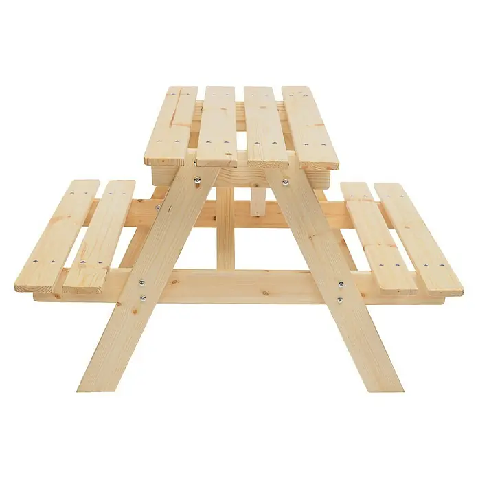 Timbela Kinder-Picknicktisch - 81 x 60 x 50 cm, Holz, Ohne Staufach - Ein helles, unbehandeltes Holz-Picknicktisch-Set, das Stabilität und rustikalen Charme für jeden Außenbereich verspricht.