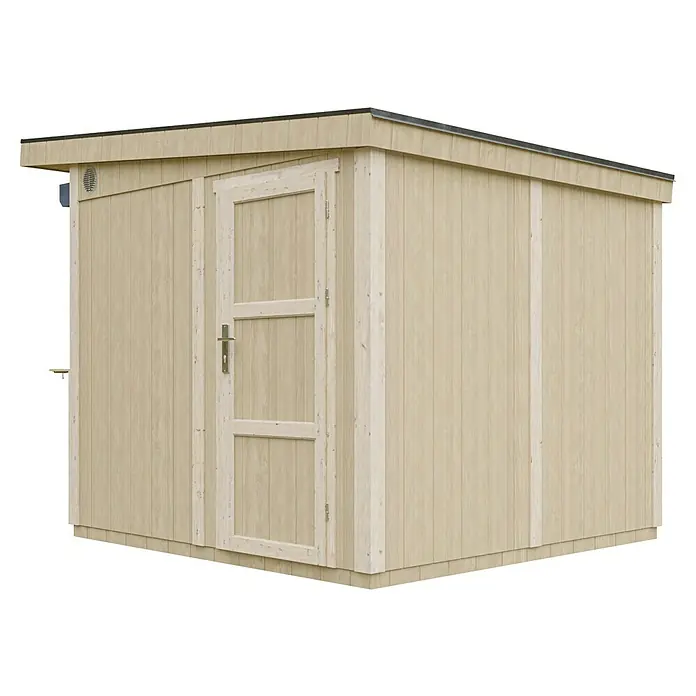 Timbela Marktstand M950 - Außenbreite inkl. Dachüberstand: 248 cm, Außentiefe inkl. Dachüberstand: 305 cm, Natur - Ein helles Holzgartenhaus mit einer Tür und einem flachen Dach. Perfekt für die Aufbewahrung von Gartengeräten und Zubehör.