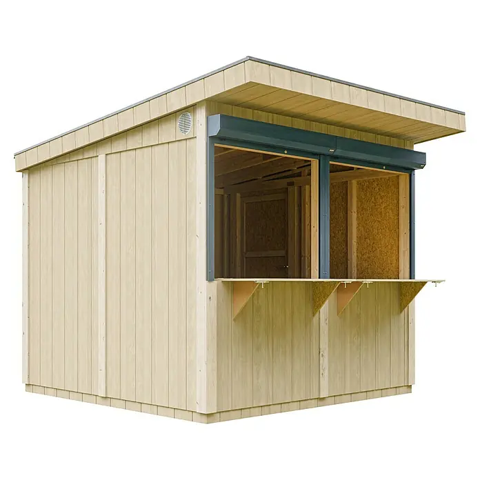 Timbela Marktstand M950 - Außenbreite inkl. Dachüberstand: 248 cm, Außentiefe inkl. Dachüberstand: 305 cm, Natur - Bild eines Holzstandes mit Rollladen, ideal für Verkauf oder als Kiosk. Die Holzkonstruktion fügt sich gut in die Umgebung ein.