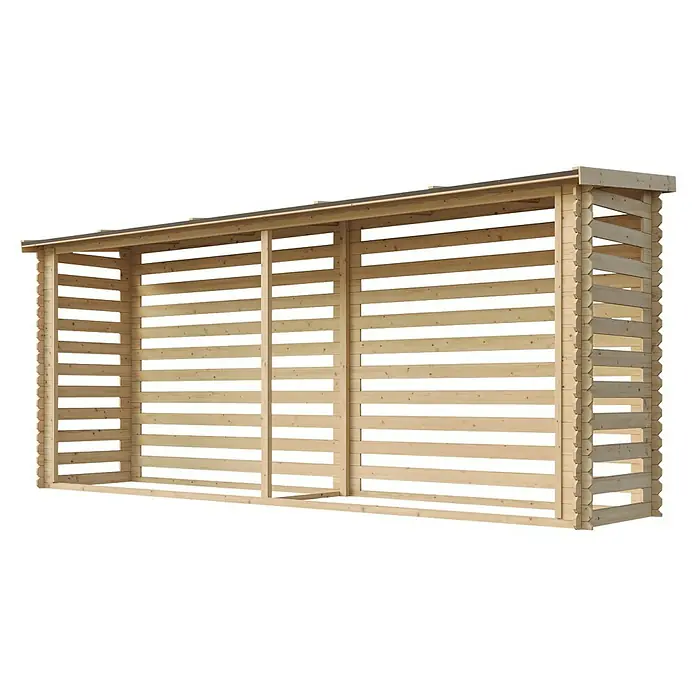 Timbela Kaminholzregal M203 - 100 x 100 x 199 cm, Holz, Natur - Offene Holzlagerstruktur mit Lamellenwänden, ideal zur Lagerung und Belüftung von Brennholz, robust und langlebig für den Außenbereich.