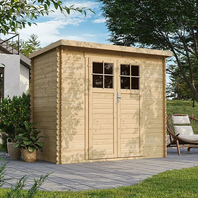 Timbela Gerätehaus M310F+M310G - Außenmaß inkl. Dachüberstand (B x T): 239 x 142 cm, Holz, Natur, Mit Fußboden - Holzgartenhaus mit Doppeltür und Fenstern. Ein stilvoller und praktischer Blickfang für jeden Garten, ideal für Werkzeuge und Gartengeräte.