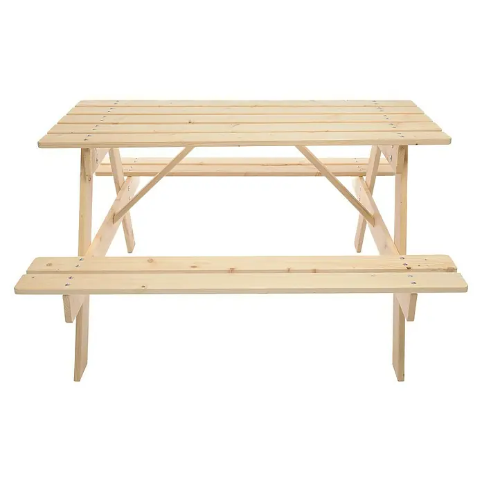 Timbela Kinder-Sitzgruppen-Set - 90 x 90 x 50 cm, Holz, Ohne Staufach - Ein heller, hölzerner Picknicktisch mit Bänken, ideal für Garten und Freizeit. Die Konstruktion ist robust und einladend gestaltet.