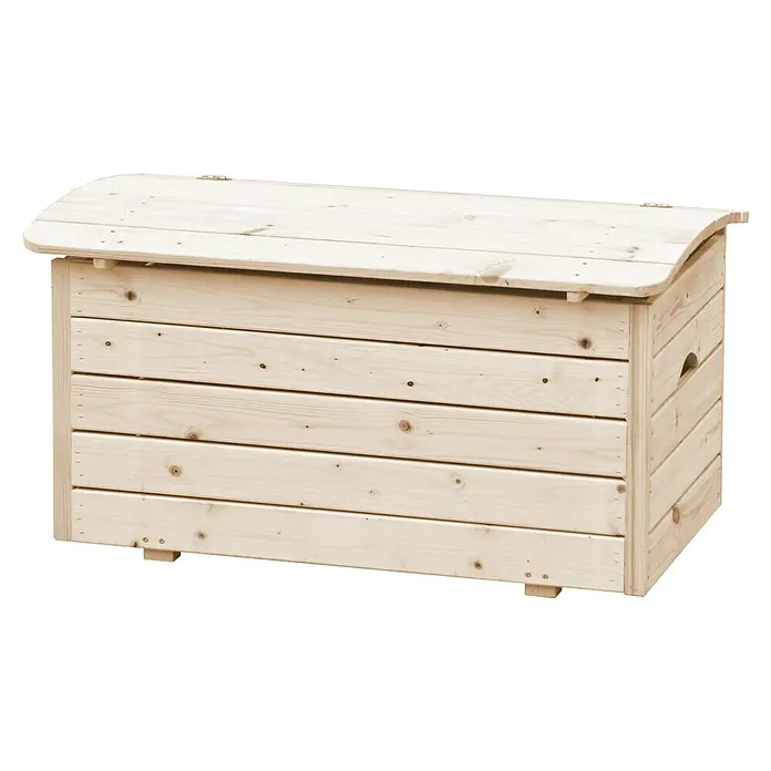 Timbela Aufbewahrungskiste -  - Holzfarbene Kiste mit abgerundetem Deckel, ideal zur Aufbewahrung von Gartengeräten und Spielzeug im Freien.