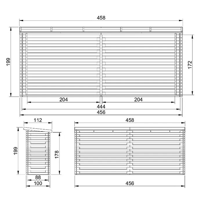 Timbela Kaminholzregal M203 - 100 x 100 x 199 cm, Holz, Natur - Technische Zeichnung eines Holzschuppens mit Maßangaben für Planung und Bau.