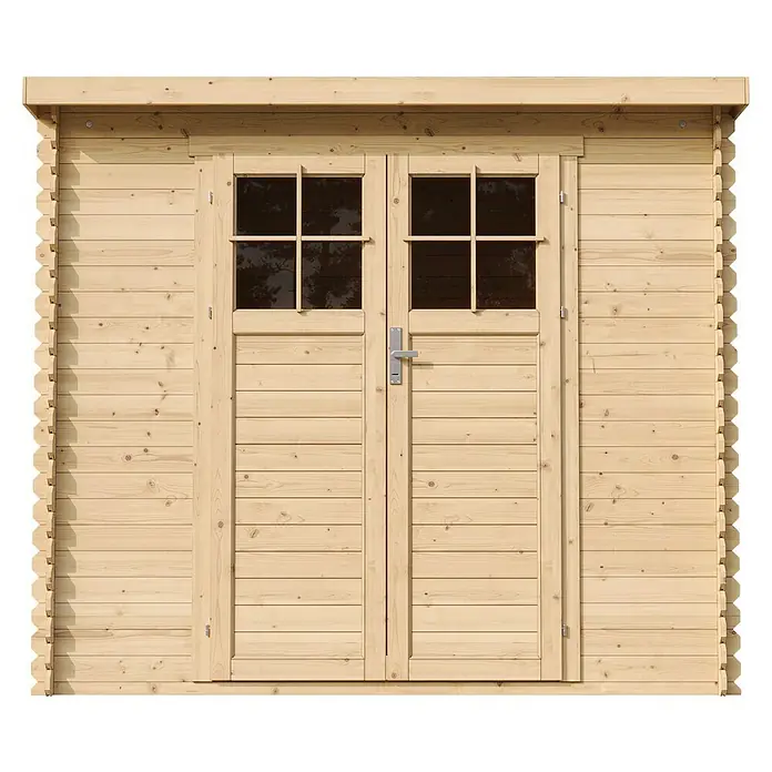 Timbela Gerätehaus M310F+M310G - Außenmaß inkl. Dachüberstand (B x T): 239 x 142 cm, Holz, Natur, Mit Fußboden - Nahaufnahme eines Gartenhauses mit Doppeltür und Fenstern. Das Holzhaus hat eine natürliche Farbe und eine solide Bauweise.