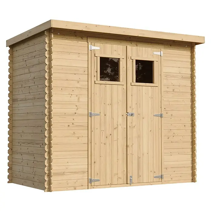 Timbela Gerätehaus M310 - Außenmaß inkl. Dachüberstand (B x T): 239 x 142 cm, Holz, Natur, Ohne Fußboden - Ein helles Holzgartenhaus mit Doppeltüren, kleinen Fenstern und einem flachen Dach. Ideal zur Aufbewahrung von Gartengeräten und -möbeln.