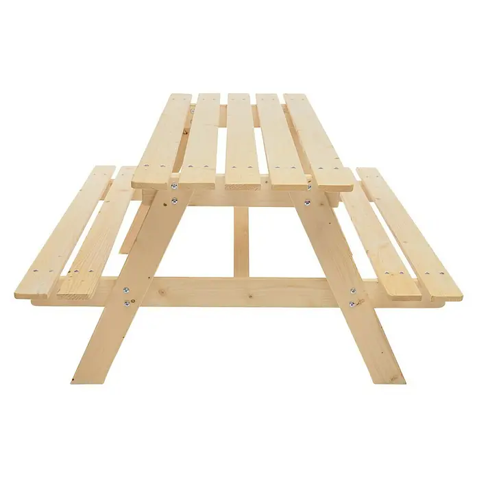 Timbela Kinder-Sitzgruppen-Set - 90 x 90 x 50 cm, Holz, Ohne Staufach - Ein heller Holztisch mit Bänken, ideal für den Garten. Die solide Konstruktion verspricht Langlebigkeit und Komfort im Freien.
