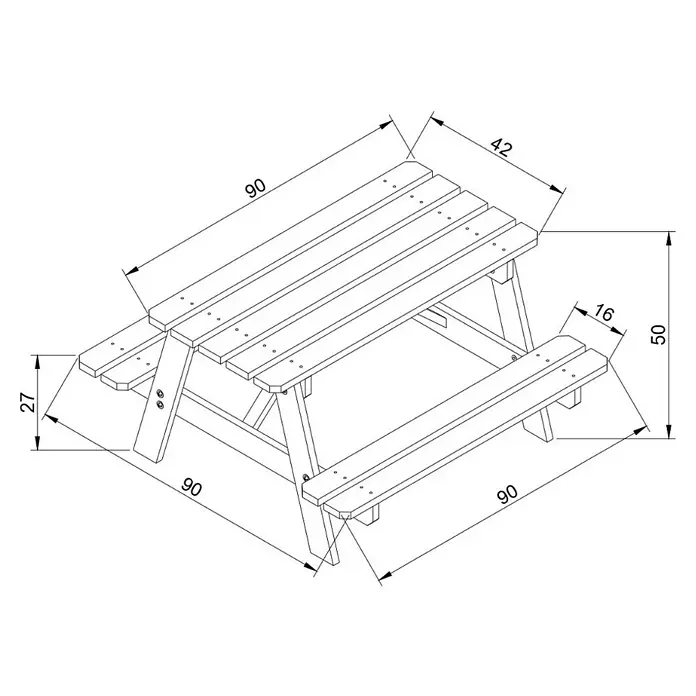 Timbela Kinder-Sitzgruppen-Set - 90 x 90 x 50 cm, Holz, Ohne Staufach - Darstellung eines Picknicktisches mit den Maßen 90x42 cm (Tischplatte), Sitzhöhe 50 cm, Sitztiefe 16 cm und Höhe der Tischkante 27 cm.
