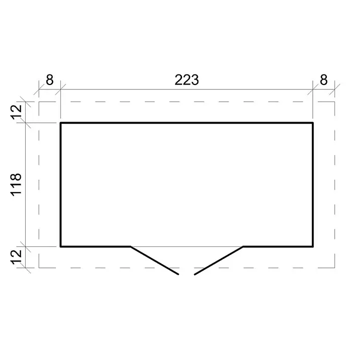Timbela Gerätehaus M310F+M310G - Außenmaß inkl. Dachüberstand (B x T): 239 x 142 cm, Holz, Natur, Mit Fußboden - Plan einer rechteckigen Gebäudeform mit Maßen, die eine klare architektonische Struktur mit einer speziellen Aussparung auf einer Seite zeigen.