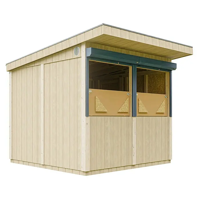 Timbela Marktstand M950 - Außenbreite inkl. Dachüberstand: 248 cm, Außentiefe inkl. Dachüberstand: 305 cm, Natur - Außenansicht eines Holzschuppens mit Rolltor, ideal als Gartenhaus oder Verkaufskiosk, der vielseitige Stauraum im Freien bietet.