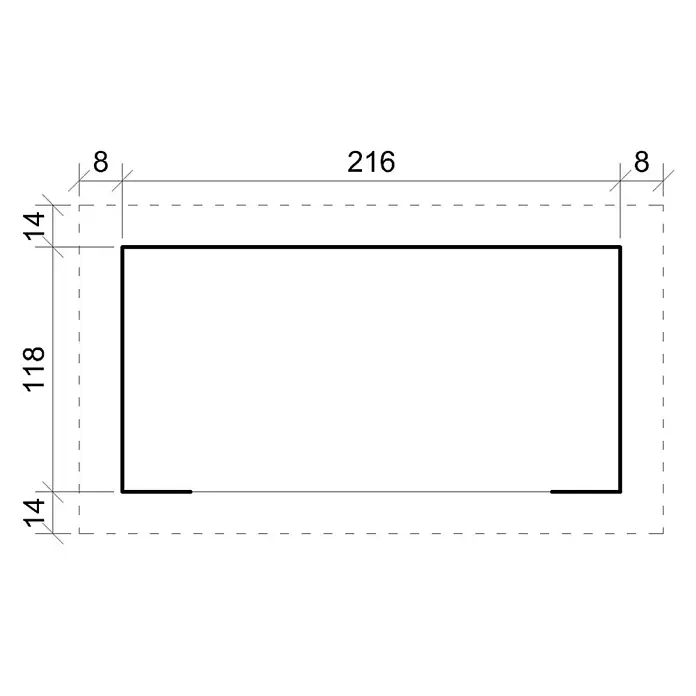 Timbela Kaminholzregal M202 - 130 x 130 x 199 cm, Holz, Natur - Rechteckige Form mit den Maßen 216 x 118 mm und einem Rand von 8 mm. Die Linie ist fett gedruckt und es sieht aus wie ein Rahmen.