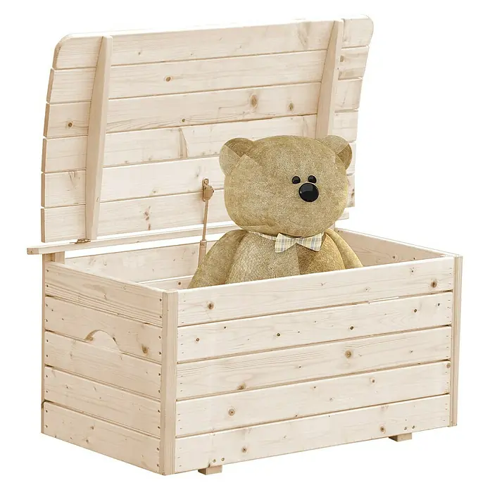 Timbela Aufbewahrungskiste -  - Eine offene Holztruhe mit einem Teddybär darin, ideal für die Aufbewahrung von Spielzeug und anderen Gegenständen.