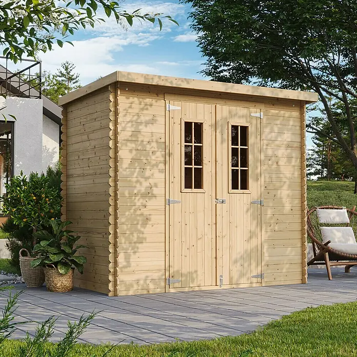 Timbela Gerätehaus M310C+M310G - Außenmaß inkl. Dachüberstand (B x T): 239 x 142 cm, Holz, Natur, Mit Fußboden - Ein helles Holzgartenhaus mit Doppeltür und Fenstern, ideal zur Aufbewahrung von Gartengeräten und Zubehör.