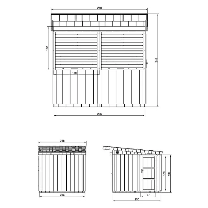 Timbela Marktstand M950 - Außenbreite inkl. Dachüberstand: 248 cm, Außentiefe inkl. Dachüberstand: 305 cm, Natur - Ansichten eines Gerätehauses mit Maßen, die verschiedene Perspektiven und Größenangaben des Holzhauses zeigen.