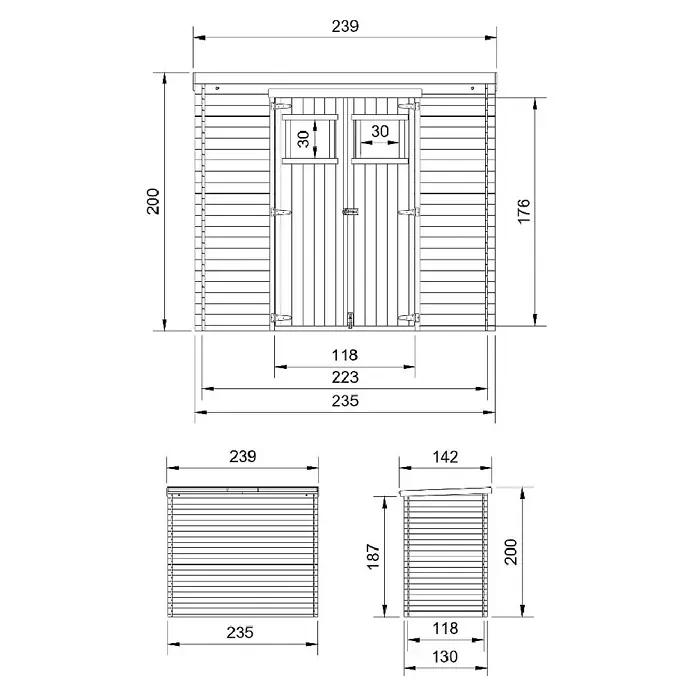 Timbela Gerätehaus M310 - Außenmaß inkl. Dachüberstand (B x T): 239 x 142 cm, Holz, Natur, Ohne Fußboden - Eine detaillierte Zeichnung eines Gartenhauses mit allen Maßen und Ansichten für einen einfachen Aufbau.