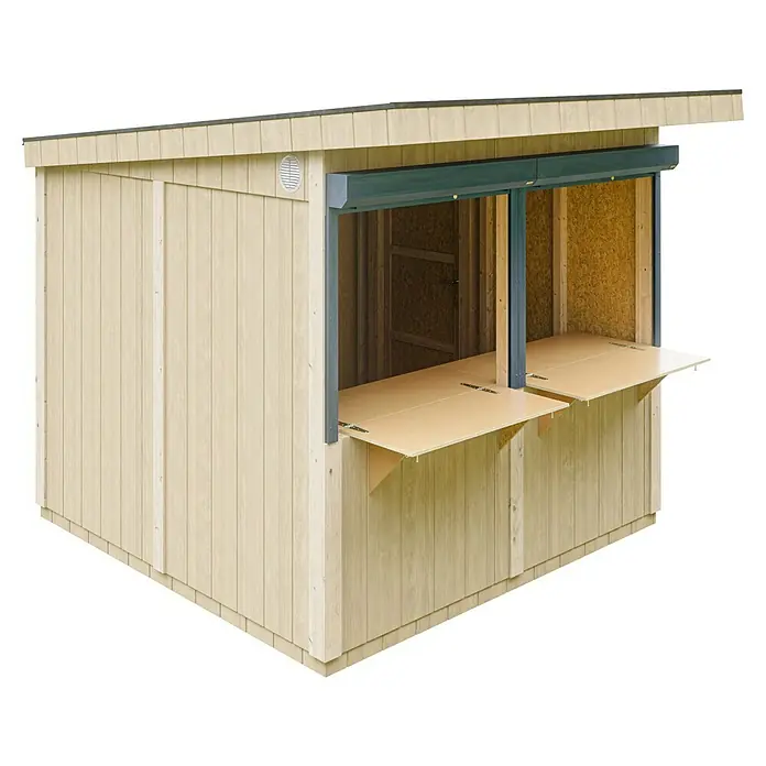 Timbela Marktstand M950 - Außenbreite inkl. Dachüberstand: 248 cm, Außentiefe inkl. Dachüberstand: 305 cm, Natur - Nahaufnahme einer Gartenbar aus Holz mit herunterklappbarer Theke, ideal für sommerliche Gartenpartys und entspannte Stunden im Freien.