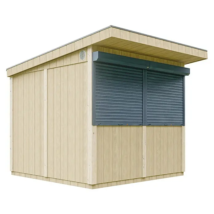 Timbela Marktstand M950 - Außenbreite inkl. Dachüberstand: 248 cm, Außentiefe inkl. Dachüberstand: 305 cm, Natur - Eine hellbeige Holzbude mit geschlossenem, grauem Rollladenfenster und einem Flachdach mit leichtem Überstand.