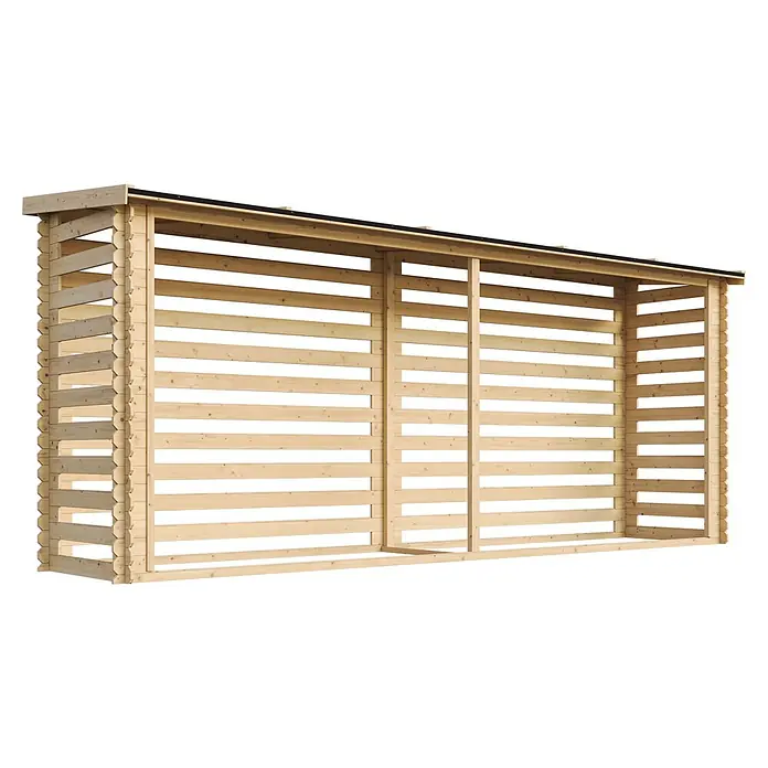 Timbela Kaminholzregal M203 - 100 x 100 x 199 cm, Holz, Natur - Ein geräumiges Holzlager aus hellem Holz, ideal für die trockene Lagerung von Brennholz. Das offene Design sorgt für gute Belüftung.