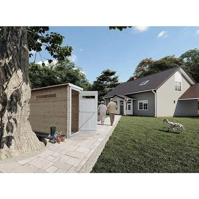 Timbela Gerätehaus M306A - Außenmaß inkl. Dachüberstand (B x T): 144 x 239 cm, Holz, Natur, Ohne Fußboden - Gartenszene mit Holzschuppen, Spazierweg, Haus und Dalmatiner. Der Schuppen steht offen und zeigt Gartengeräte. Ein Paar geht auf das Haus zu.