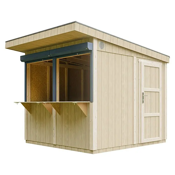 Timbela Marktstand M950 - Außenbreite inkl. Dachüberstand: 248 cm, Außentiefe inkl. Dachüberstand: 305 cm, Natur - Ein hölzerner Verkaufsstand mit einem Rolltor und einer Tür, ideal für Märkte oder Veranstaltungen.