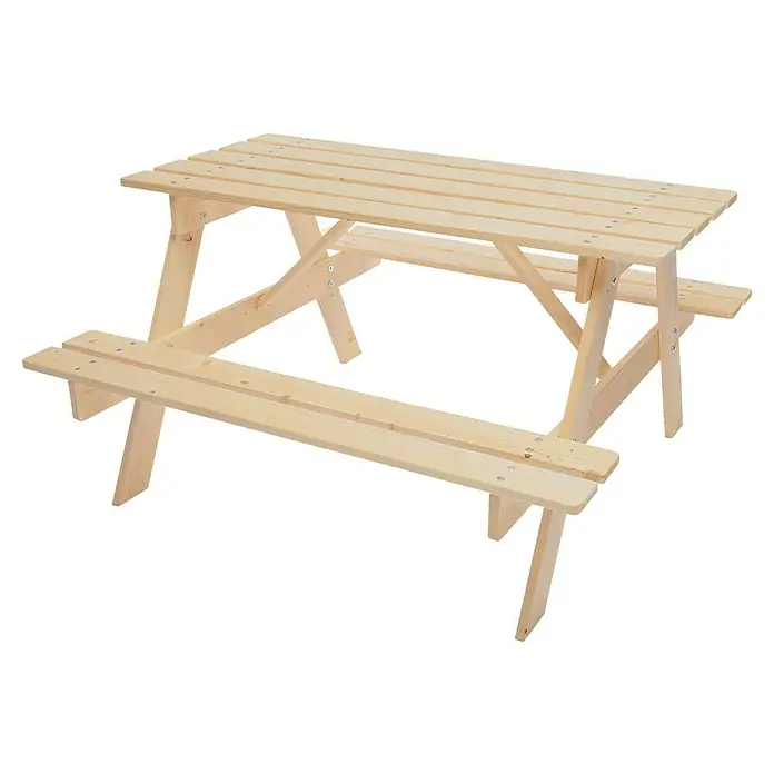 Timbela Kinder-Sitzgruppen-Set - 90 x 90 x 50 cm, Holz, Ohne Staufach - Helle Holz-Picknicktischgarnitur mit Tischplatte und zwei Bänken, ideal für Garten oder Terrasse. Robuste Konstruktion für Mahlzeiten im Freien.
