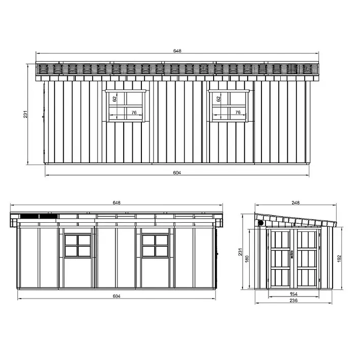 Timbela Gerätehaus M941B - Außenmaß inkl. Dachüberstand (B x T): 248 x 648 cm, Holz, Natur - Detaillierte Bauzeichnung eines Gartenhauses mit Maßangaben für Planung und Konstruktion.
