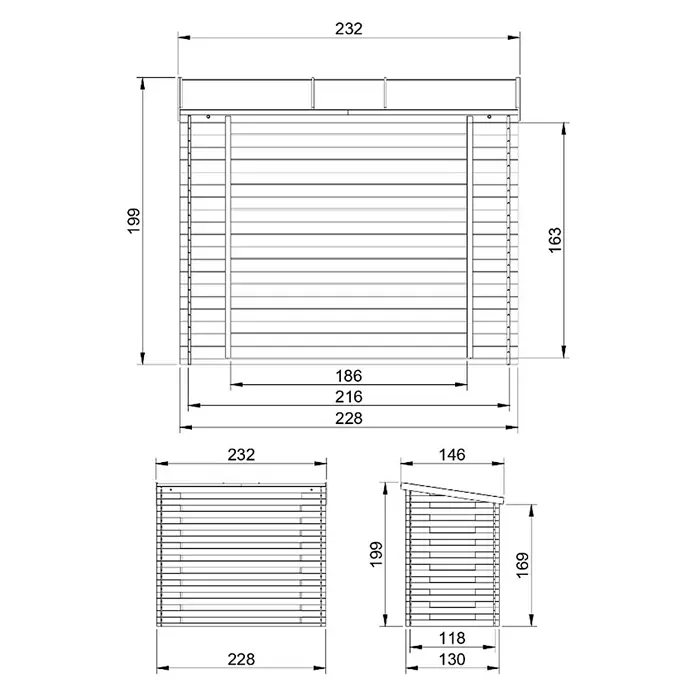 Timbela Kaminholzregal M202 - 130 x 130 x 199 cm, Holz, Natur - Abbildung mit technischen Zeichnungen eines Gartenhauses mit Maßangaben zu Länge, Breite und Höhe.