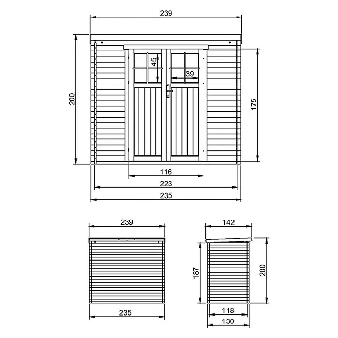 Timbela Gerätehaus M310F+M310G - Außenmaß inkl. Dachüberstand (B x T): 239 x 142 cm, Holz, Natur, Mit Fußboden - Technische Zeichnung eines Gartenhauses mit genauen Maßangaben zu Höhe, Breite und Tiefe des Hauses.