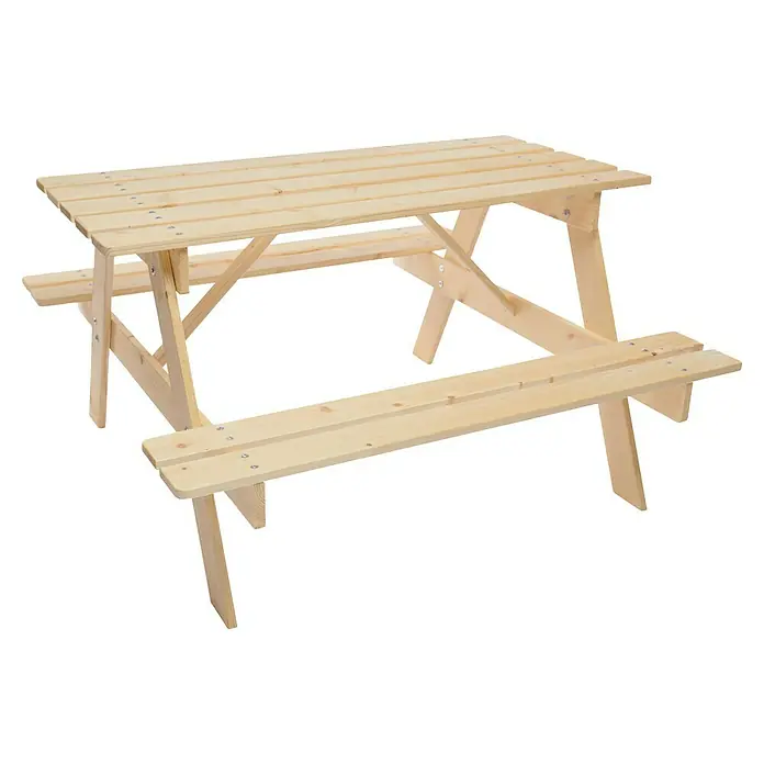 Timbela Kinder-Sitzgruppen-Set - 90 x 90 x 50 cm, Holz, Ohne Staufach - Ein hölzerner Picknicktisch mit Bänken, ideal für Mahlzeiten im Freien und entspannte Stunden im Garten oder auf der Terrasse.