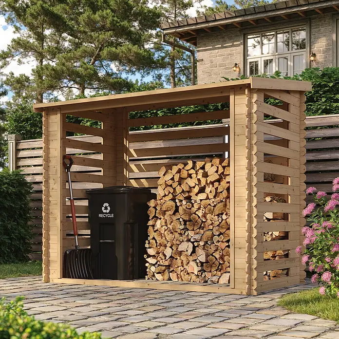 Timbela Kaminholzregal M202 - 130 x 130 x 199 cm, Holz, Natur - Holzschuppen aus hellem Holz mit Brennholz, einer Mülltonne und einer Schaufel. Ideal für die Lagerung im Freien.
