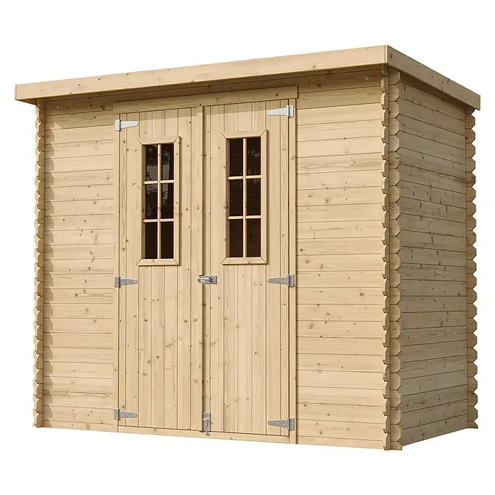 Timbela Gerätehaus M310C+M310G - Außenmaß inkl. Dachüberstand (B x T): 239 x 142 cm, Holz, Natur, Mit Fußboden - Holzschuppen mit Doppeltür und Fenstern. Der Schuppen ist aus hellem Holz und hat ein Satteldach.