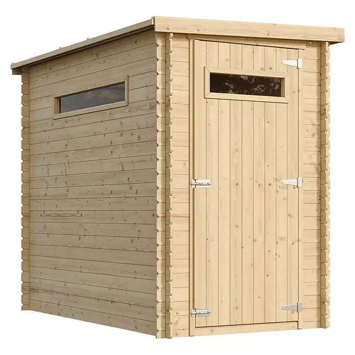 Timbela Gerätehaus M306A - Außenmaß inkl. Dachüberstand (B x T): 144 x 239 cm, Holz, Natur, Ohne Fußboden - Ein helles Holzgartenhaus mit Tür und kleinem Fenster, ideal für die Aufbewahrung von Gartengeräten und Zubehör im Freien.