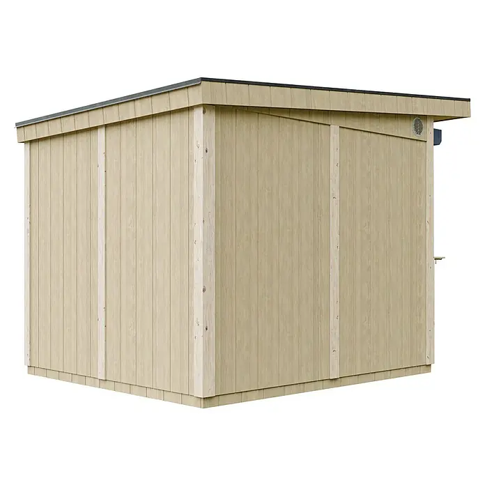 Timbela Marktstand M950 - Außenbreite inkl. Dachüberstand: 248 cm, Außentiefe inkl. Dachüberstand: 305 cm, Natur - Nahaufnahme eines Holzschuppens mit flachem Dach und vertikaler Holzverkleidung, ideal für die Gartenaufbewahrung und Werkzeuge.
