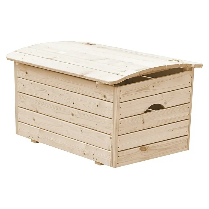 Timbela Aufbewahrungskiste -  - Geräumige, helle Holz-Gartenbox mit gewölbtem Deckel und Griffen für die Aufbewahrung von Gartengeräten und Spielzeug.