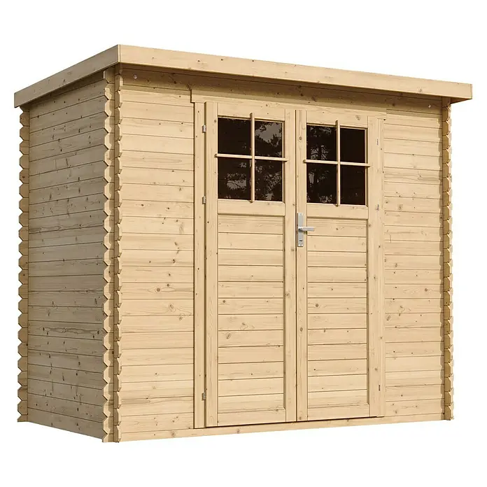 Timbela Gerätehaus M310F+M310G - Außenmaß inkl. Dachüberstand (B x T): 239 x 142 cm, Holz, Natur, Mit Fußboden - Ein naturbelassenes Holzgartenhaus mit Doppeltüren und Fensterrahmen für Gartenutensilien.