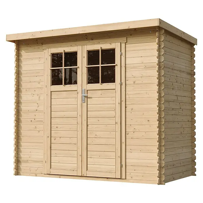Timbela Gerätehaus M310F+M310G - Außenmaß inkl. Dachüberstand (B x T): 239 x 142 cm, Holz, Natur, Mit Fußboden - Ein geräumiges Holzgartenhaus mit Doppeltüren und Fenstern, ideal zur Aufbewahrung von Gartengeräten und -möbeln.