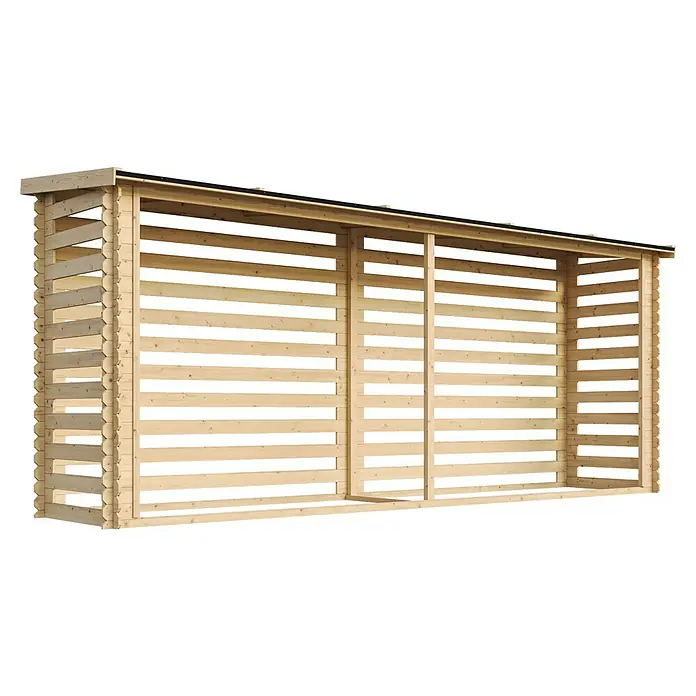 Timbela Kaminholzregal M203 - 100 x 100 x 199 cm, Holz, Natur - Ansicht eines Holzschuppens zur Lagerung von Brennholz mit offenem Design, gefertigt aus hellem, unbehandeltem Holz.